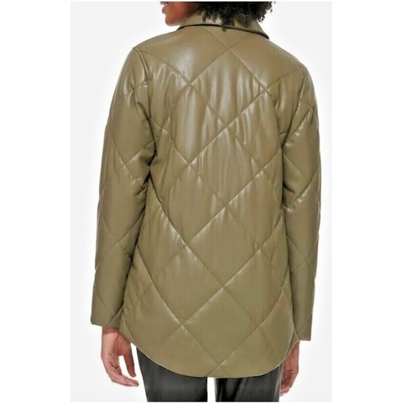 Calvin Klein Women's Jacket Faux Leather Quilted Coat Olive Green size S - Picture 3 of 7